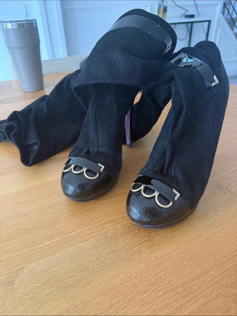 Versace Black Over-the-Knee Suede High-Heel Boots with Metallic Toe Accents
